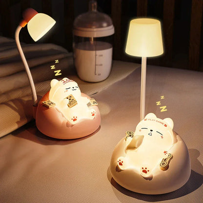 Cute Cat Scene LED Desk Lamp 3-Mode Dimmable USB Rechargeable Night Light - Pink