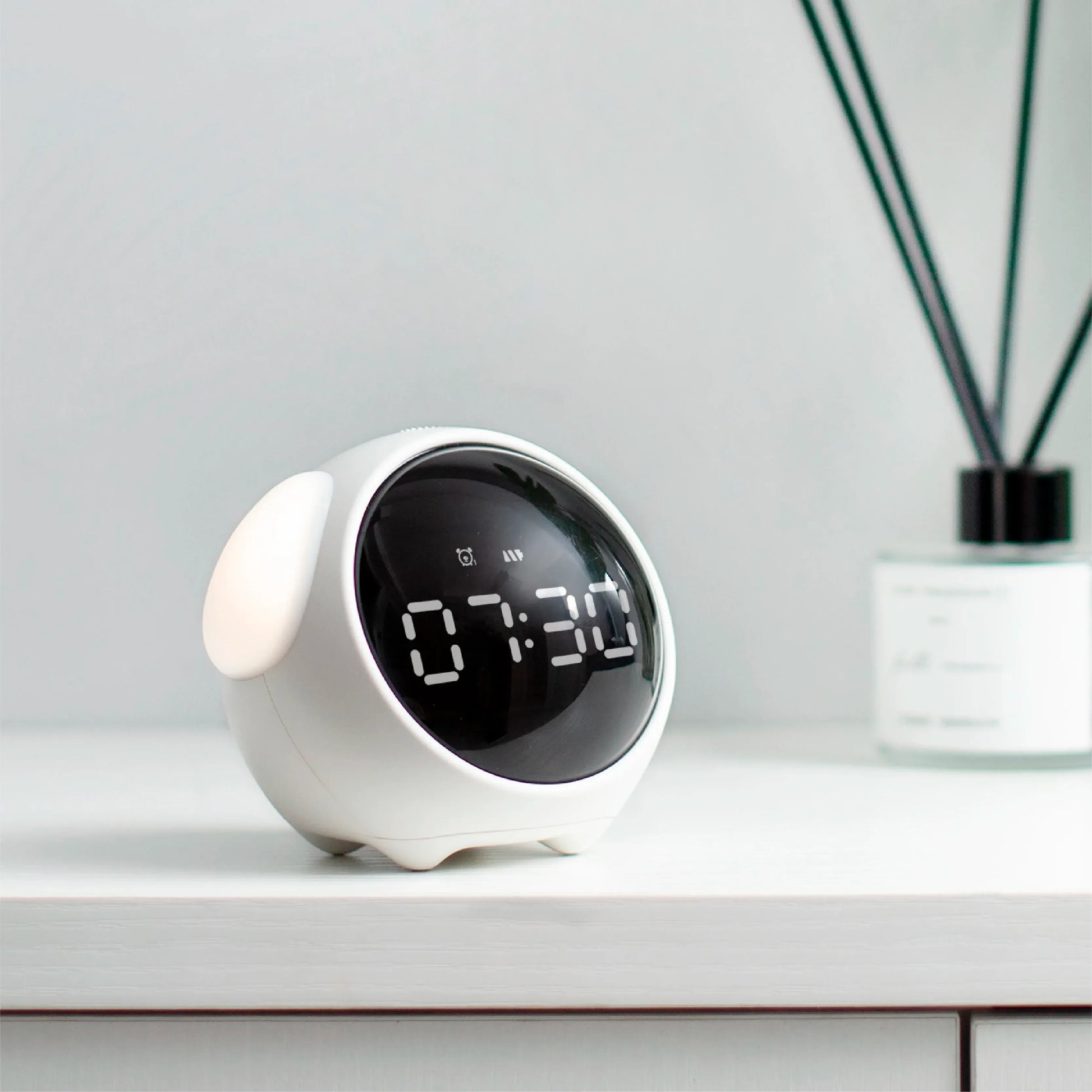 Cute Digital Child Alarm Clock Curved LED Display & Smart Emotion Light - White
