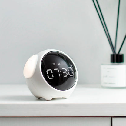 Cute Digital Child Alarm Clock Curved LED Display & Smart Emotion Light - White