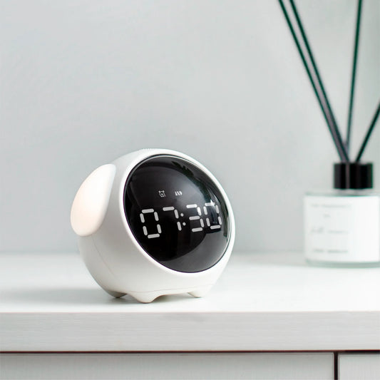 Cute Digital Child Alarm Clock Curved LED Display & Smart Emotion Light - White