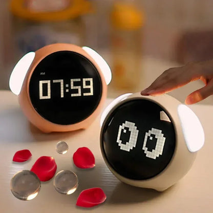 Cute Digital Child Alarm Clock Curved LED Display & Smart Emotion Light - White