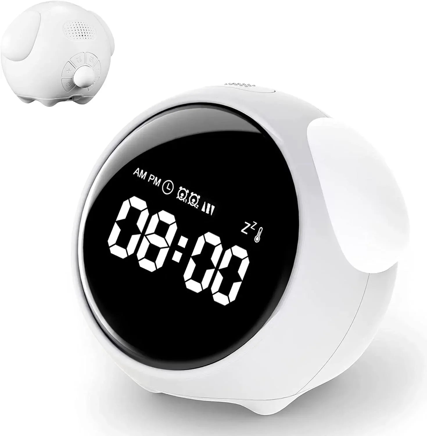 Cute Digital Child Alarm Clock Curved LED Display & Smart Emotion Light - White
