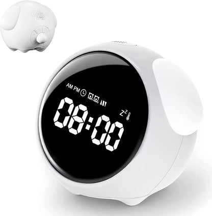 Cute Digital Child Alarm Clock Curved LED Display & Smart Emotion Light - White