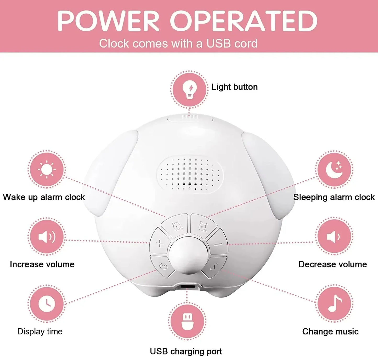 Cute Digital Child Alarm Clock Curved LED Display & Smart Emotion Light - White