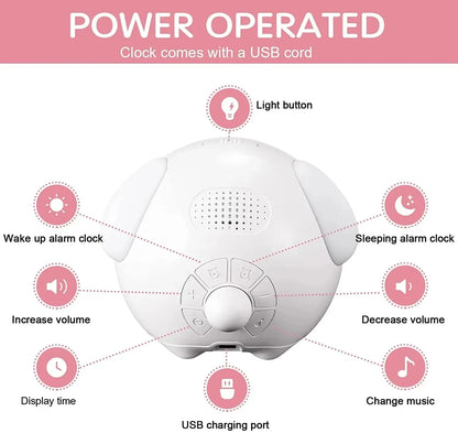 Cute Digital Child Alarm Clock Curved LED Display & Smart Emotion Light - White