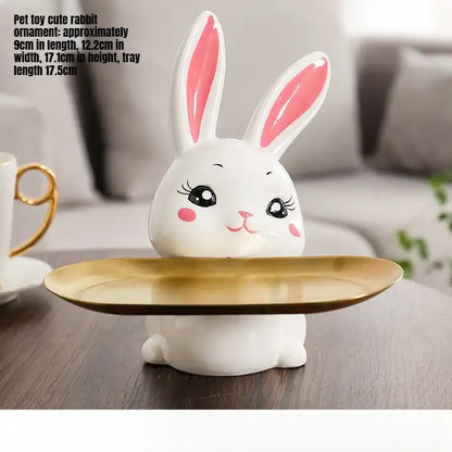Cute rabbit-shaped pet toy on a stand with dimensions displayed.