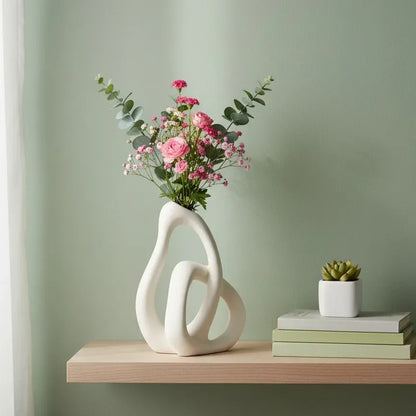 Decorative Flower vase with flowers on a shelf against a green wall