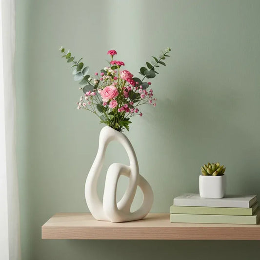 Decorative Flower vase with flowers on a shelf against a green wall