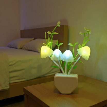 Decorative LED lamp with mushroom design on a bedside table in a bedroom.