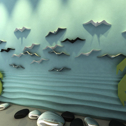 Decorative wall art of a beach scene with palm trees, rocks, and birds.