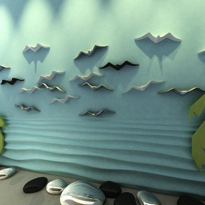 Decorative wall art of a beach scene with palm trees, rocks, and birds.