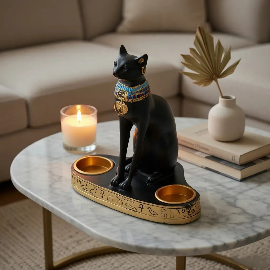 Decorative cat figurine with a candle on a marble table