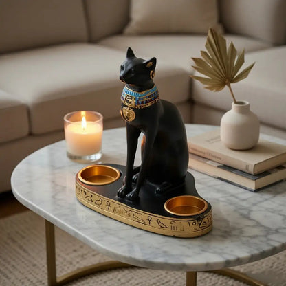 Decorative cat figurine with a candle on a marble table