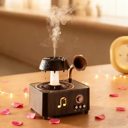 Decorative humidifier with steam emitting on a wooden surface with pink petals and string lights.