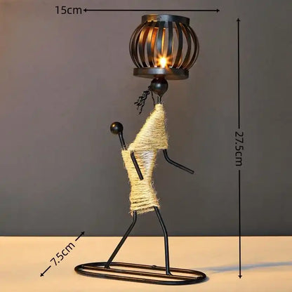 Decorative lamp shaped like a person with dimensions indicated on a gray background