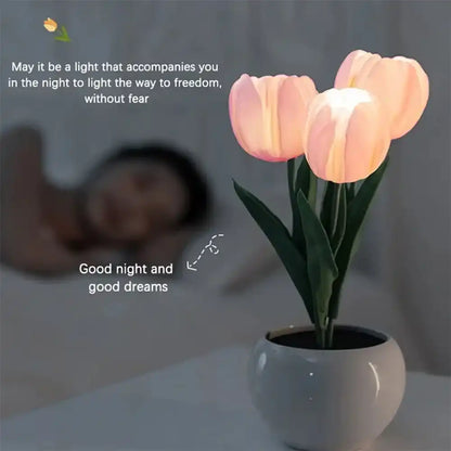 Decorative lamp shaped like a flower with text on a blurred background