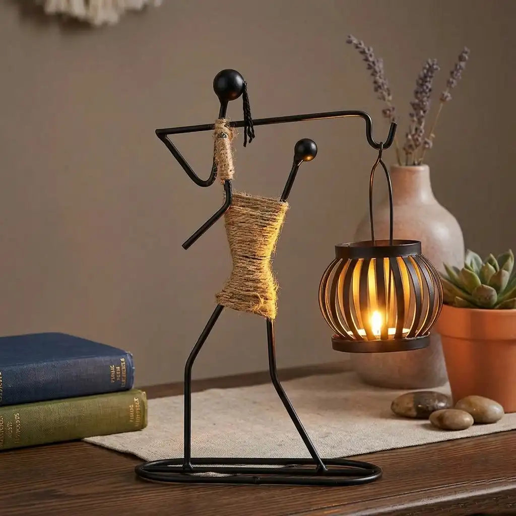 Decorative metal figure with a lantern on a wooden surface with books and plants.