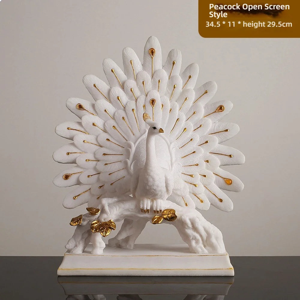 White peacock statue with open tail feathers on a gray background