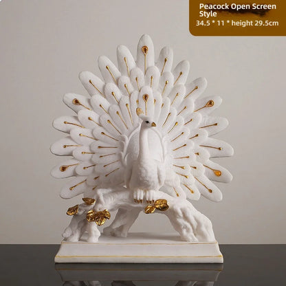 White peacock statue with open tail feathers on a gray background