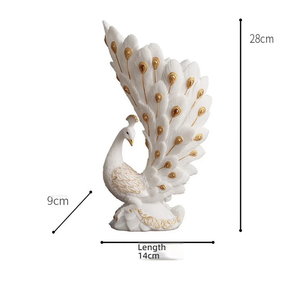 Decorative peacock statue with measurements on a white background