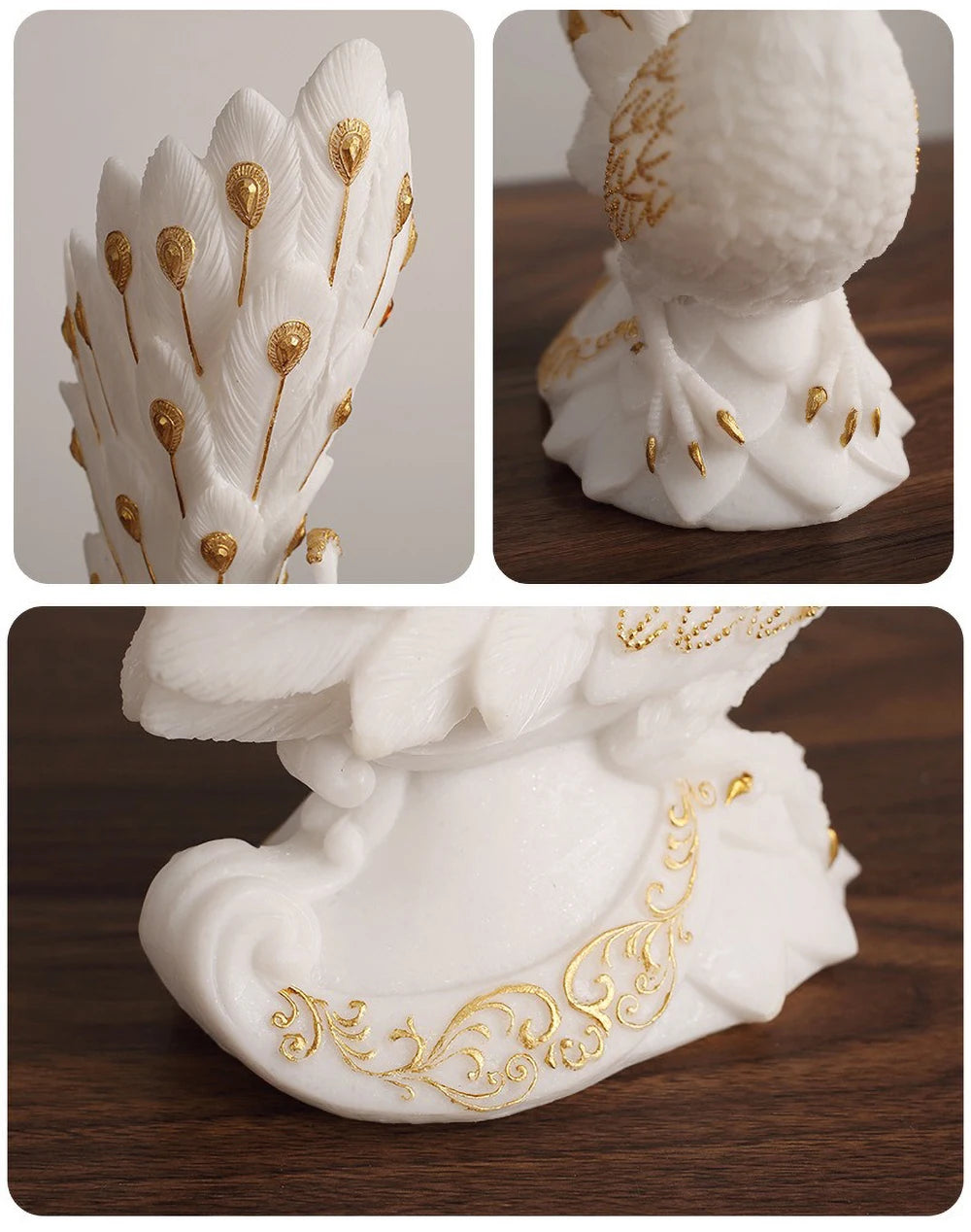 White figurine with gold detailing on a wooden surface