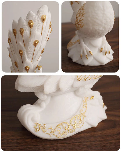 White figurine with gold detailing on a wooden surface