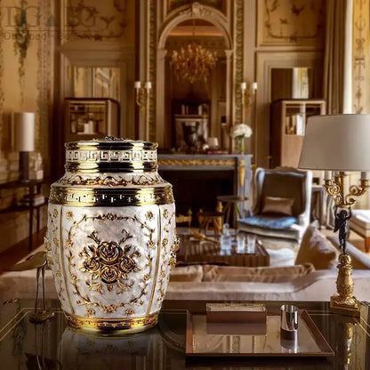 Decorative urn with gold accents in an elegant room setting