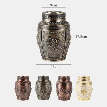 Decorative urn with dimensions and color variations on a white background