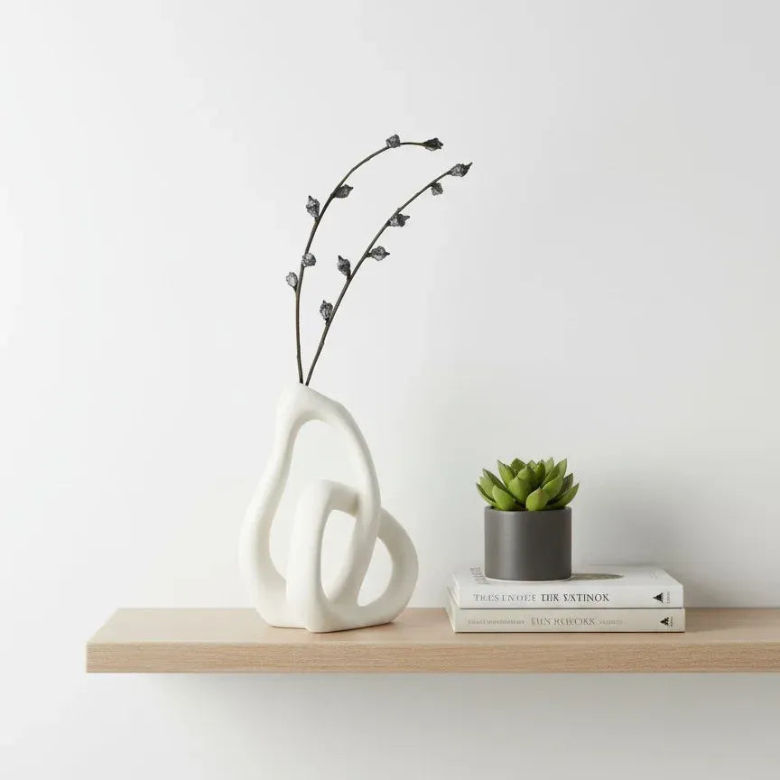 Decorative vase with branches, small plant, and books on a wooden shelf against a white wall.