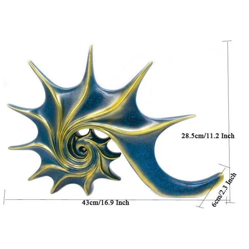 Decorative wall art with a blue and gold spiral design and measurements on a white background