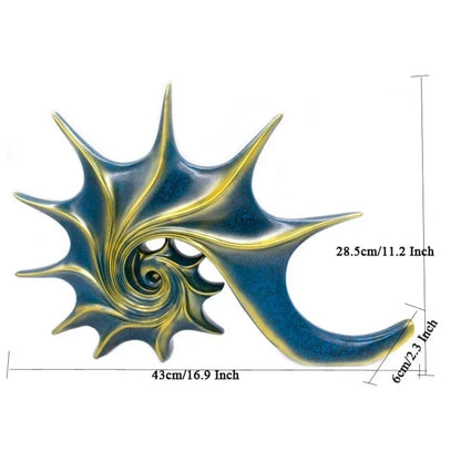 Decorative wall art with a blue and gold spiral design and measurements on a white background