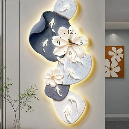 Decorative wall clock with floral design and soft light feature in a room setting.