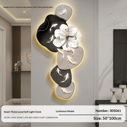 Decorative wall clock with floral design and soft light feature in a modern interior setting.