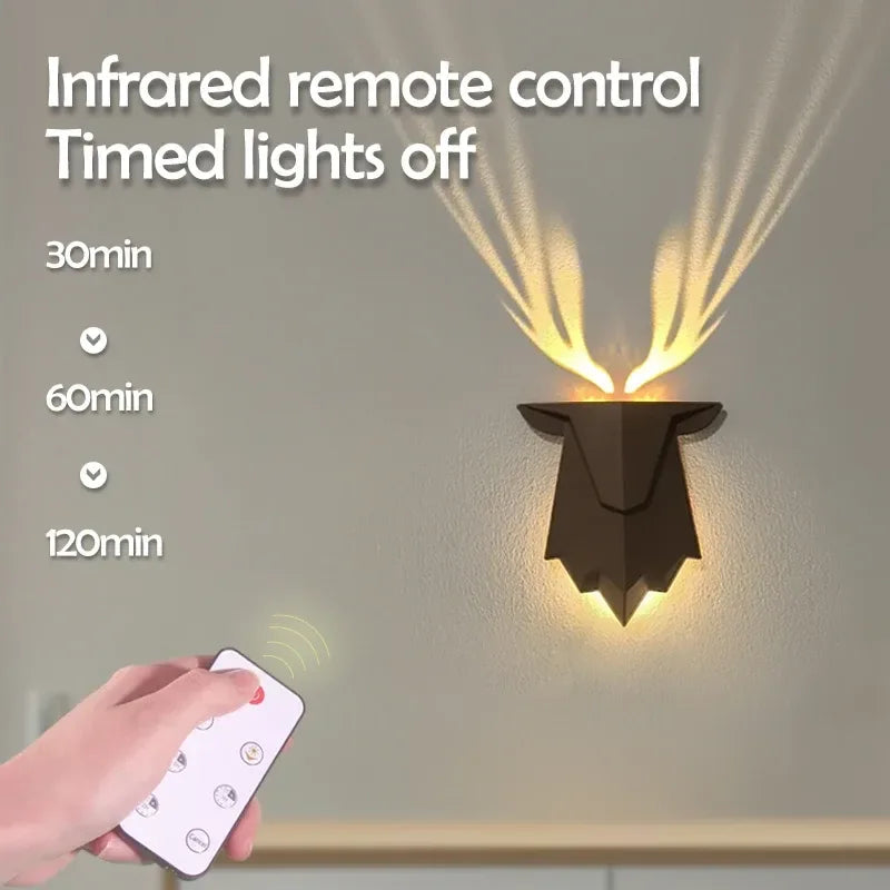 Deer Shadow LED Wall Night Light – Rechargeable 3-Level Dimmable Bedside Lamp - 