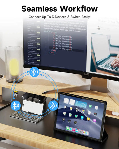 Desk setup with multiple devices connected via Bluetooth, including a monitor, tablet, and smartphone.