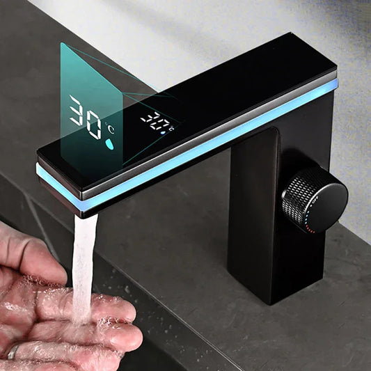 Digital LED Display Bathroom Faucet Intelligent Brass Basin Mixer Tap - Black
