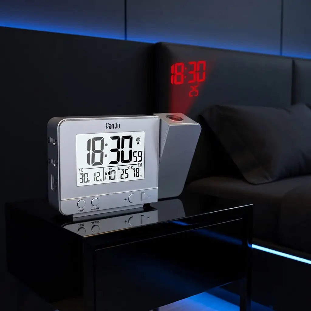 Digital clock with projection feature on a dark surface