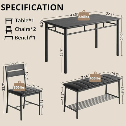 4-Piece Dining Set Kitchen Table with 2 Chairs & Upholstered Bench - Gray