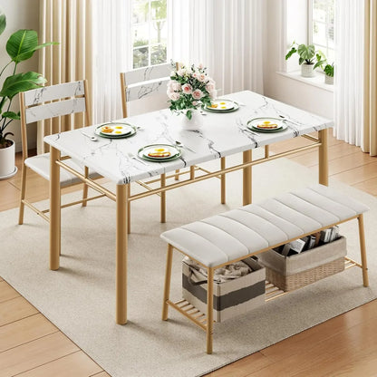 4-Piece Dining Set Kitchen Table with 2 Chairs & Upholstered Bench - White