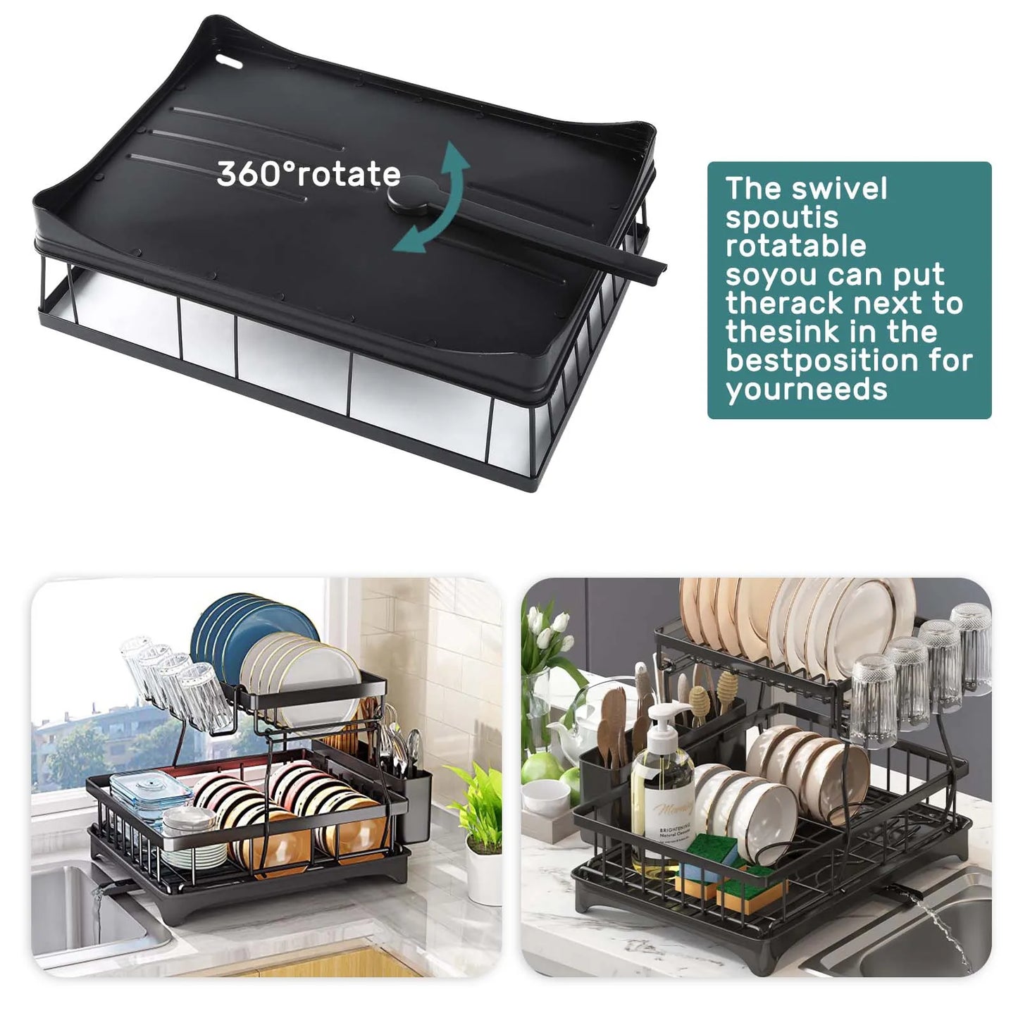 Black dish drying rack with swivel spout, shown in use next to a sink.