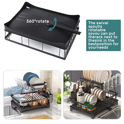 Black dish drying rack with swivel spout, shown in use next to a sink.