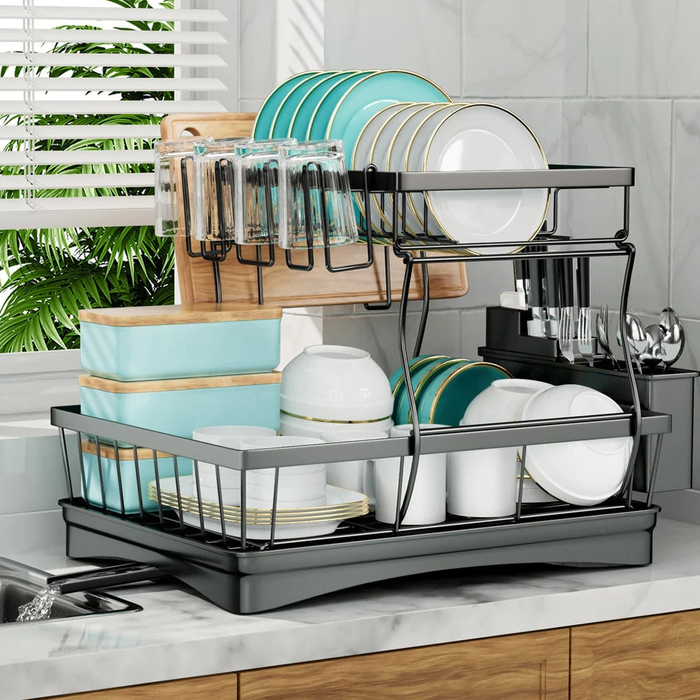 Dish drying rack with dishes on a kitchen counter