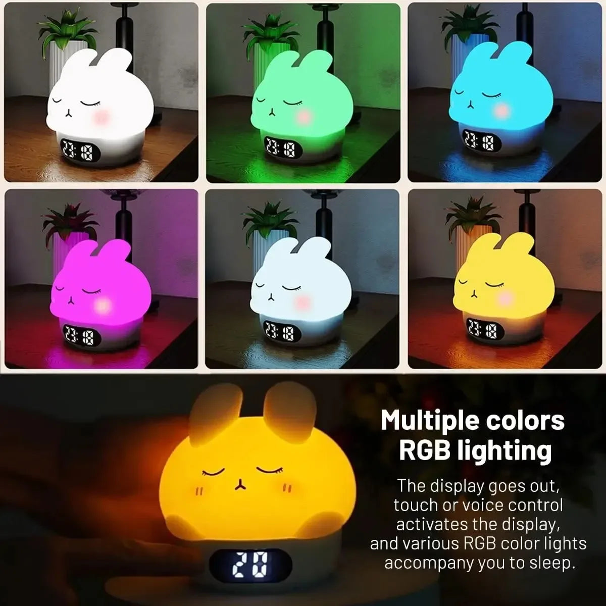Cute Duck Silicone Night Light & Alarm Clock RGB Color & Temperature Display - Pink Cat