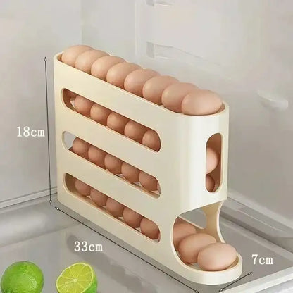 Egg holder with eggs inside, showing dimensions on a refrigerator door.
