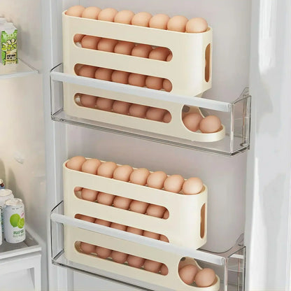 Egg storage containers with eggs inside a refrigerator.