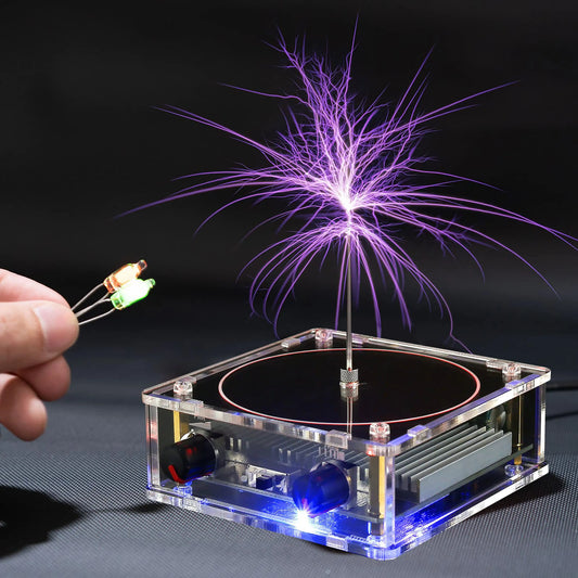 Electrostatic generator with purple sparkler effect and hand holding wires on a dark background