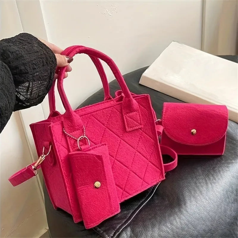 3PCS Embossed Felt Handbag Set Stylish Crossbody Bag, Clutch & Wallet Kit - Rose Red