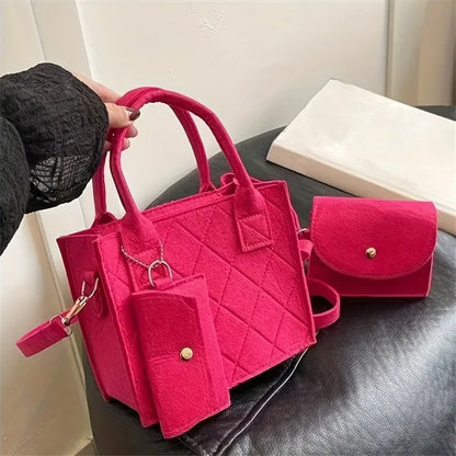 3PCS Embossed Felt Handbag Set Stylish Crossbody Bag, Clutch & Wallet Kit - Rose Red