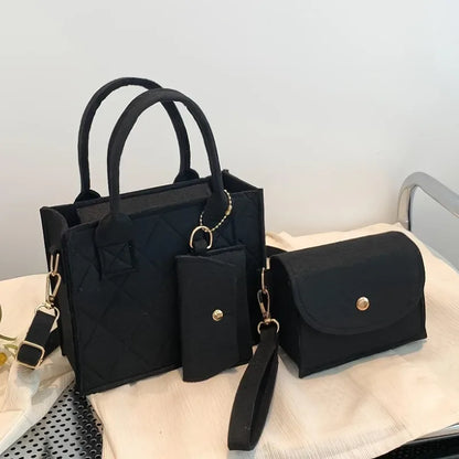 3PCS Embossed Felt Handbag Set Stylish Crossbody Bag, Clutch & Wallet Kit - Black