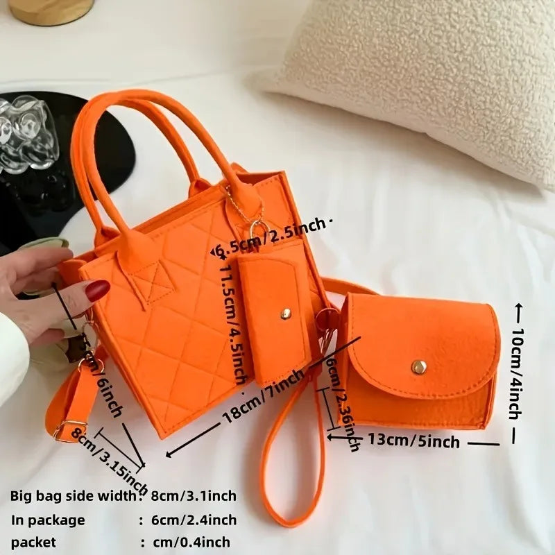 3PCS Embossed Felt Handbag Set Stylish Crossbody Bag, Clutch & Wallet Kit - Orange